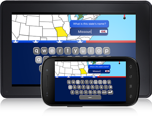 First graders learn the name, shape, location, bird, flower, nickname, abbreviation, and more for each state with State of Confusion (Android App).