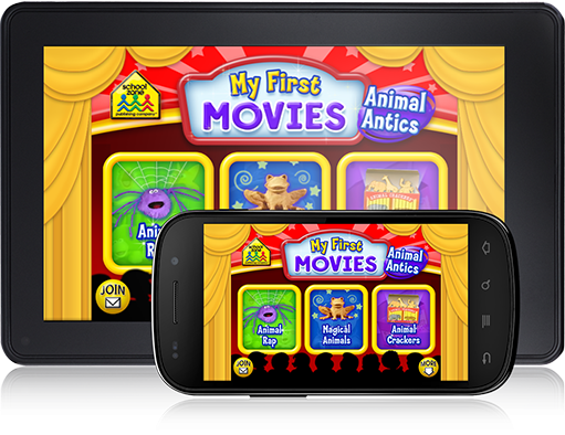 My First Movies title screen with three options: animal rap, magical animals, and animal crackers