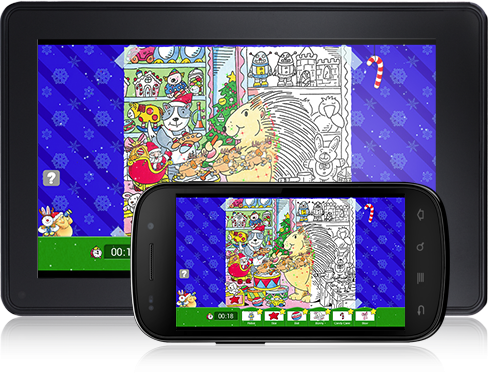 Jolly Try-n-Spy (Android App) rewards completion of each puzzle by revealing it in full color.