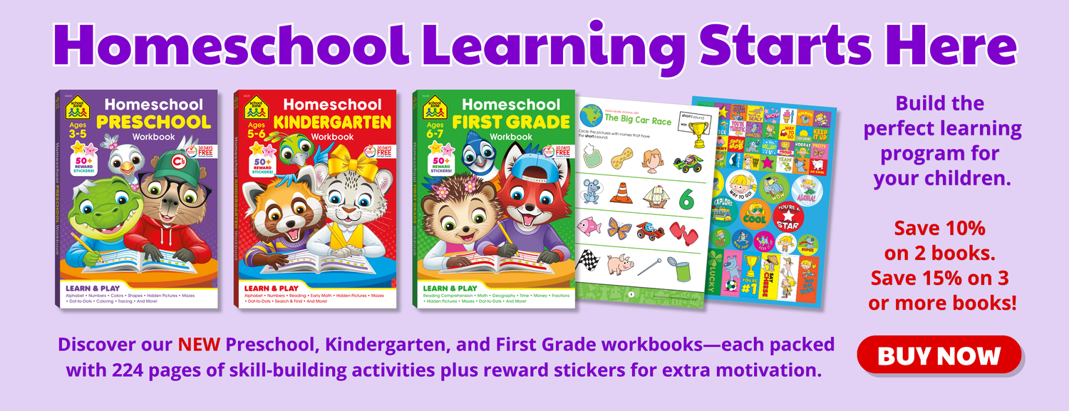 Promotional banner for homeschool learning materials with the headline 'Homeschool Learning Starts Here' in purple text on a light lavender background. Three colorful workbook covers are shown on the left, and text on the right says 'Build the perfect learning program for your children,' 'Save 10% on 2 books,' 'Save 15% on 3 or more books,' and includes a red 'BUY NOW' button.