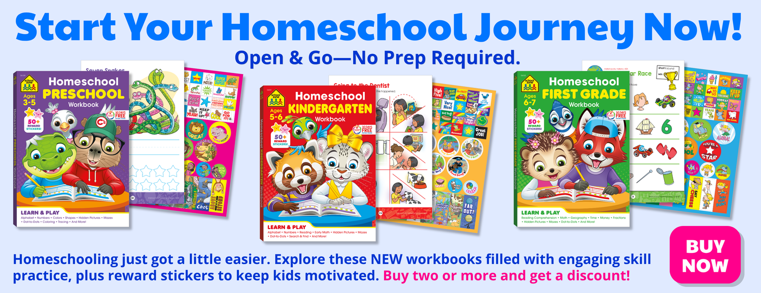 Promotional banner for homeschool workbook sets with multiple colorful book covers shown side by side, including titles like Homeschool Kindergarten and Homeschool First Grade. Large text at the top reads 'Start Your Homeschool Journey Now!' and a pink 'BUY NOW' button appears at the lower right.