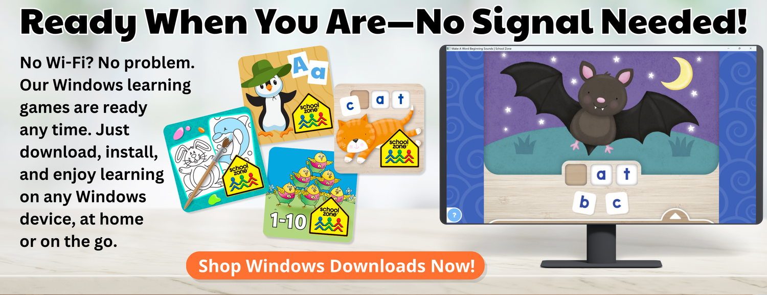 Advertisement for Windows learning games with educational materials and a computer screen displaying a bat illustration.