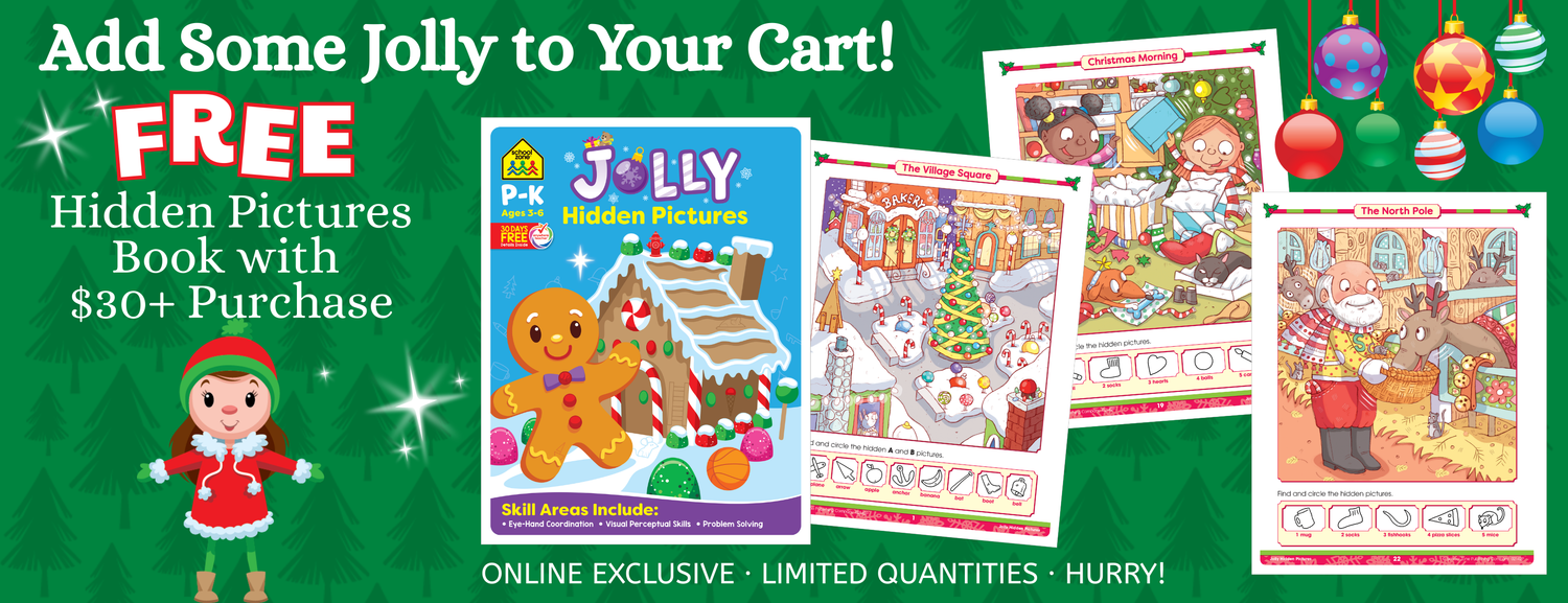 Promotional banner for a free hidden pictures book with Christmas-themed graphics and text.