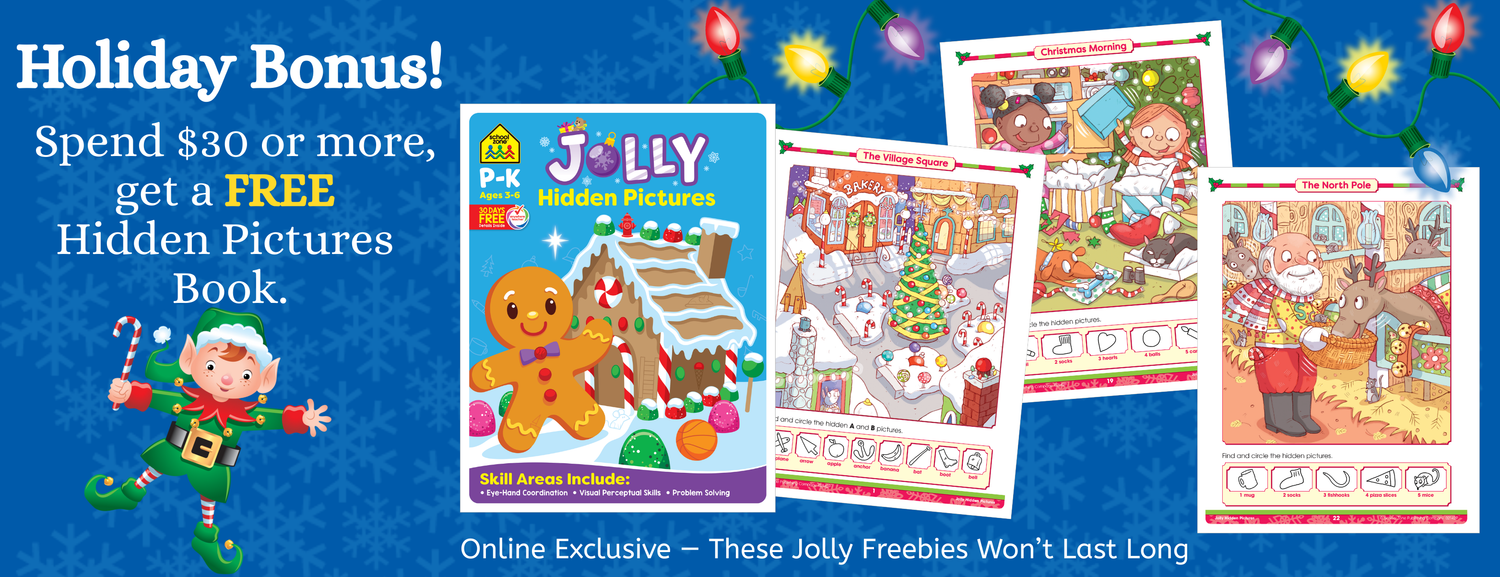 Promotional image for a Jolly Hidden Pictures Book with holiday-themed graphics and text.