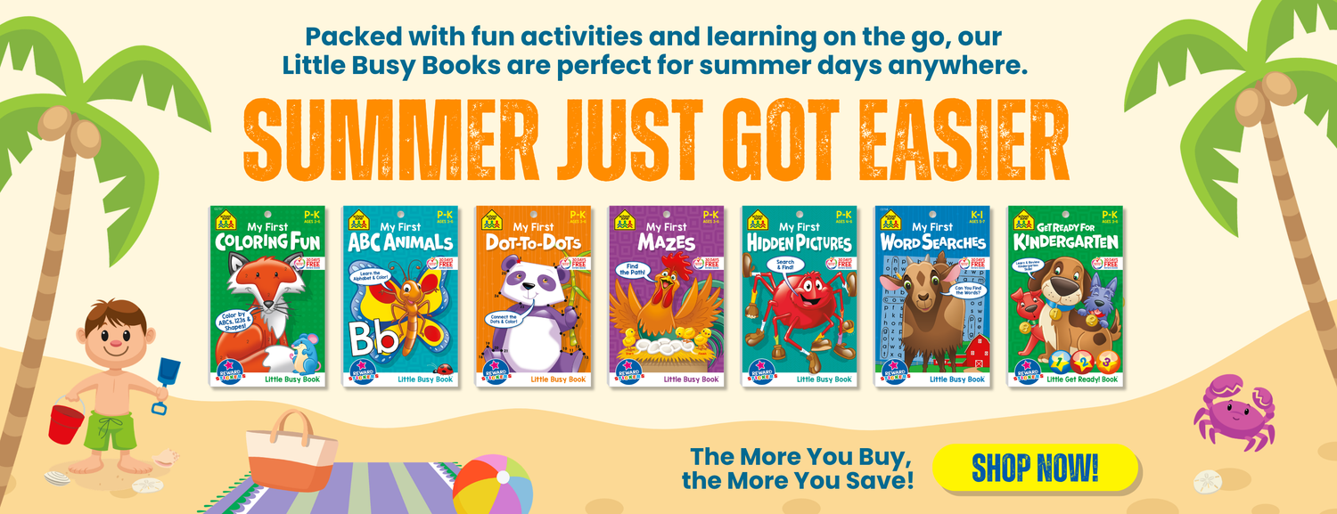 Promotional graphic for Little Busy Books featuring a row of colorful children's activity and learning books on a beach-themed background with palm trees, a child, and a crab. Large text reads 'SUMMER JUST GOT EASIER' with a 'SHOP NOW' button.