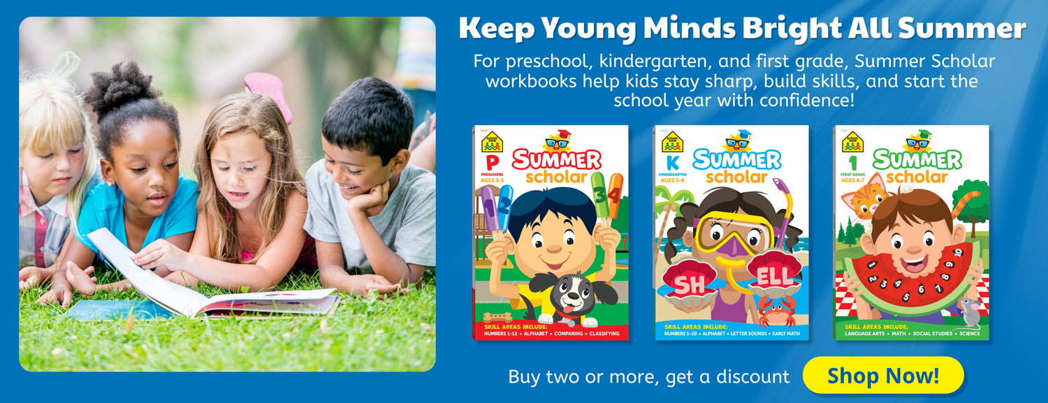 Advertisement for Summer Scholar workbooks with children reading and colorful book covers.