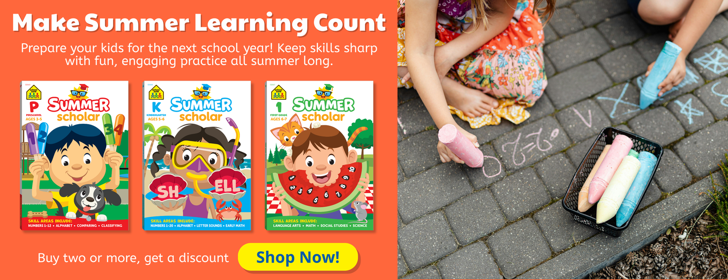 Children's educational books about summer learning on an orange background with children playing outside.