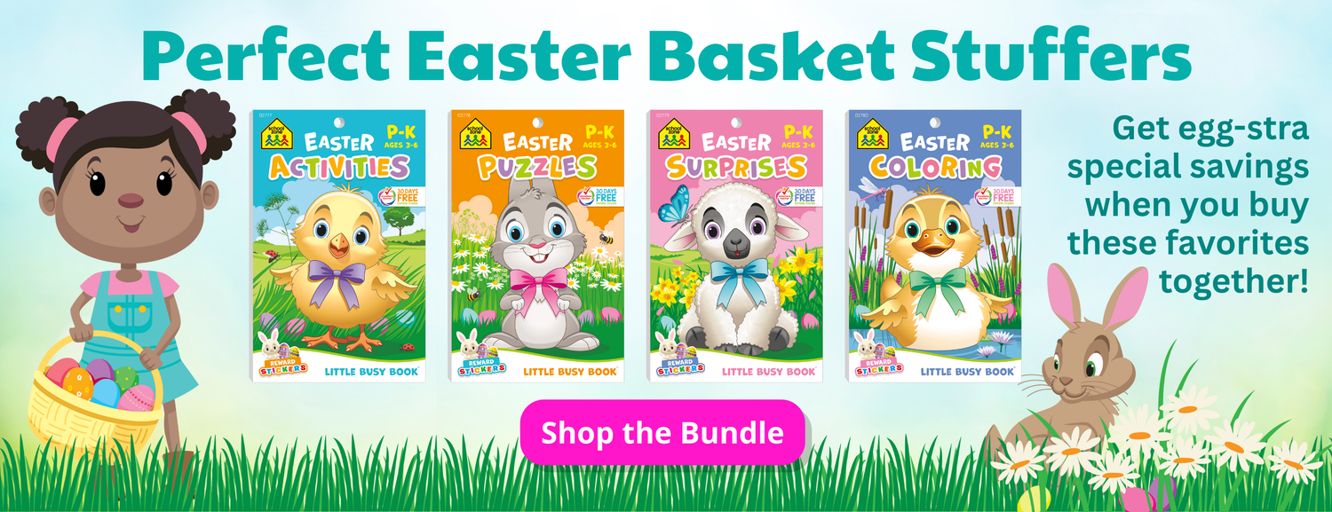 Promotional banner for Easter-themed children's books with a girl and bunny character, featuring text about bundle savings.