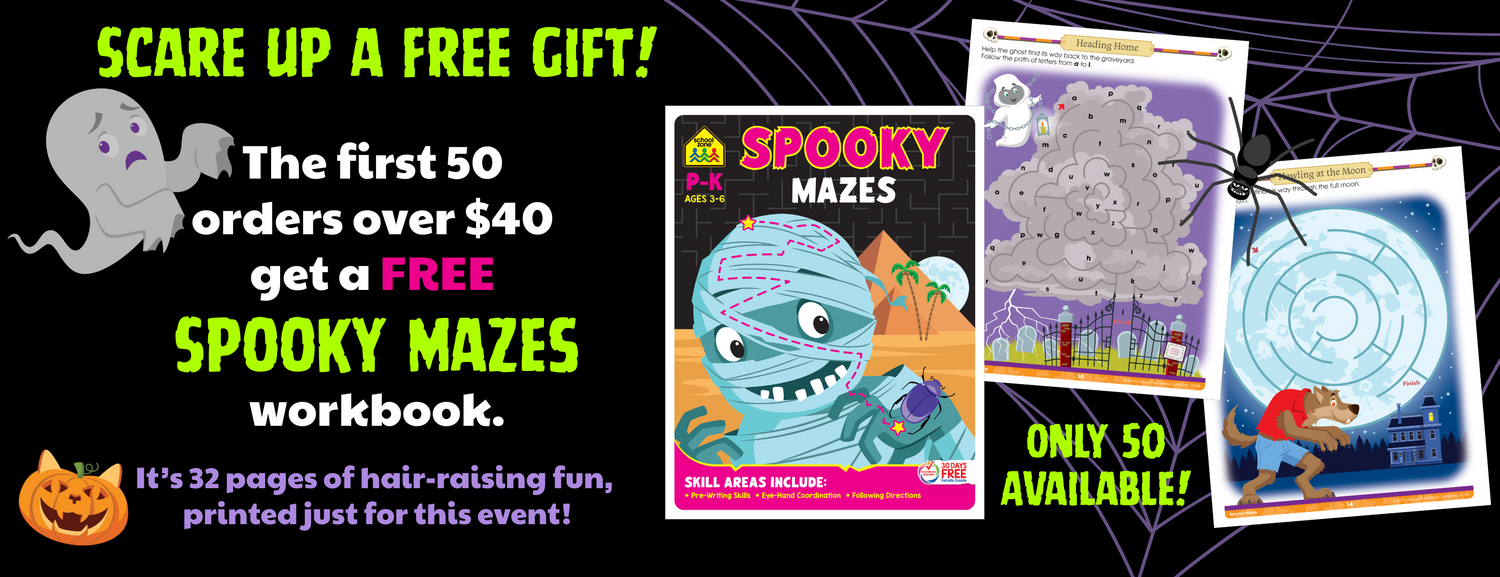 Promotional banner for a spooky mazes workbook with Halloween-themed graphics and text.
