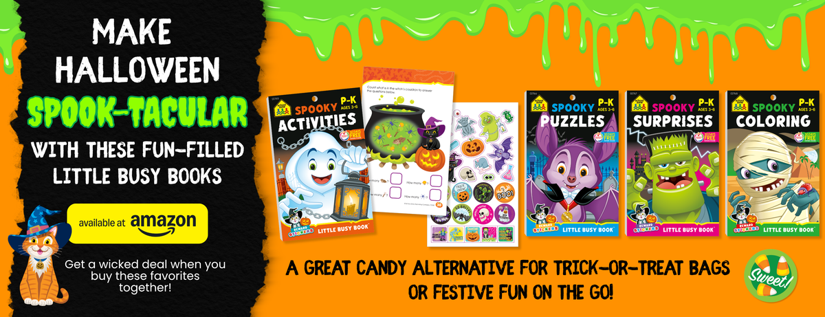 Assortment of Spooky Little Busy books showing each book cover and a few pages within 