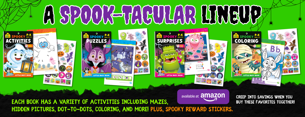 Assortment of Spooky Little Busy books showing each book cover and a few pages within 