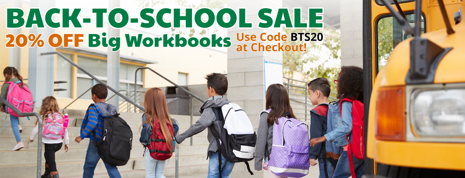 Children with backpacks exiting a school bus. Promotional banner for back-to-school sale on workbooks.