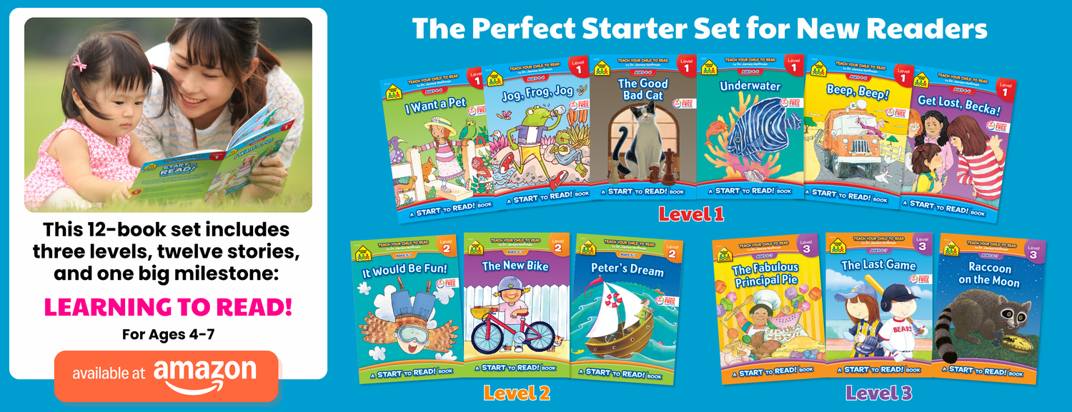 Promotional graphic for a 12-book children's reading starter set, showing a woman and child holding a book on the left and a row of colorful book covers labeled Level 1 through Level 3 on the right. Text highlights twelve stories, one big milestone, and availability on Amazon.