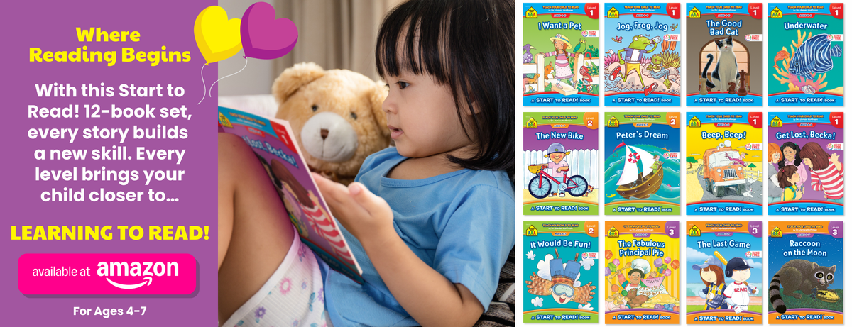 Girl reading book with display of Start to Read! books.