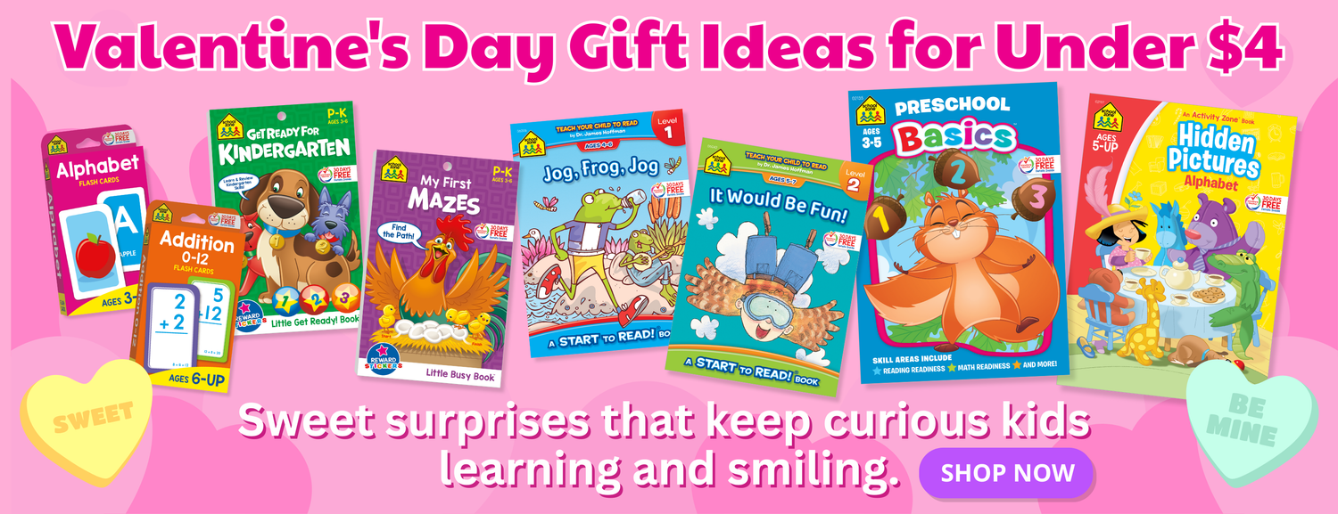 Valentine's Day gift ideas under $4 on a pink background with colorful books.