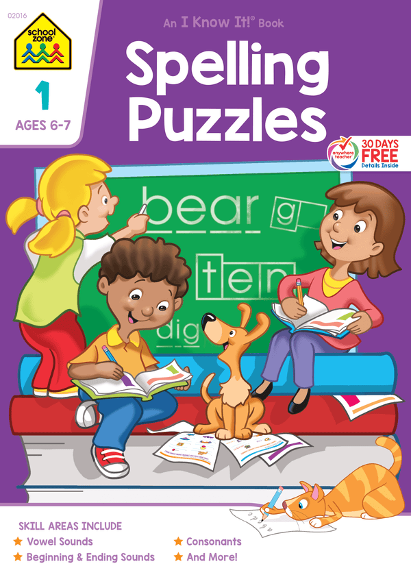 Spelling Puzzles 1 Workbook will boost familiarity in vowels, consonants, and beginning and ending sounds.