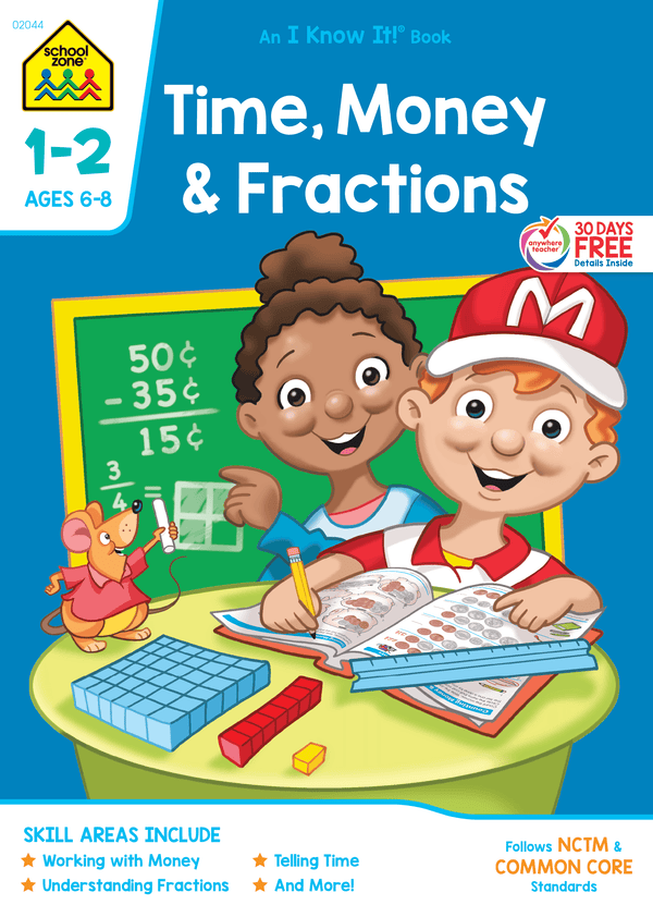 This Time, Money & Fractions 1-2 Workbook will help kids master essential skills.