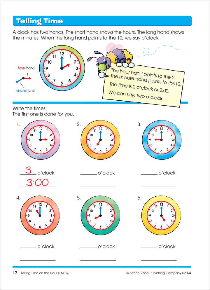 This Time, Money & Fractions 1-2 Workbook helps first and second graders learn to tell time.