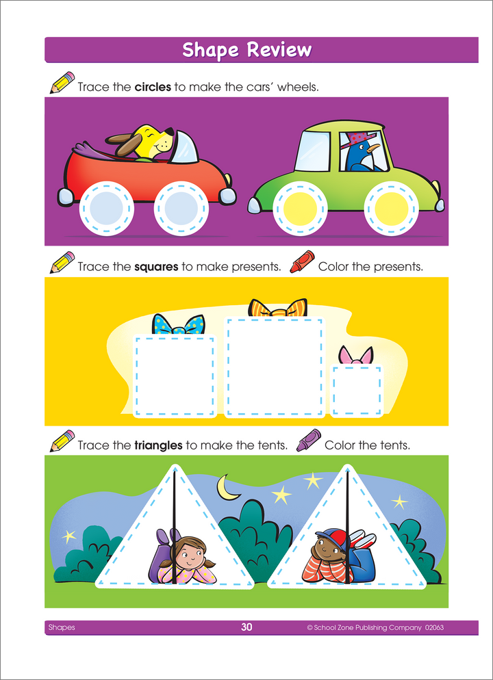This great Shapes Workbook has bold, bright illustrations that help little ones focus.