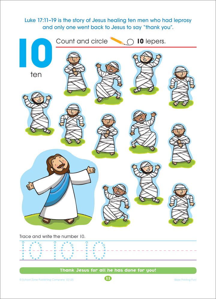Bible Counting Fun! combines Scripture with practice in counting and printing numbers.
