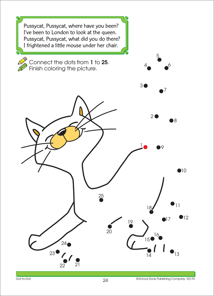 Nursery Rhymes - Dot-to-Dots & Hidden Pictures Workbook includes a variety of activities.