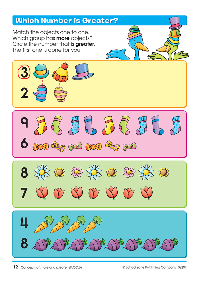 Colorful activities in transition Math K-1 Deluxe Edition Workbook help kids focus.