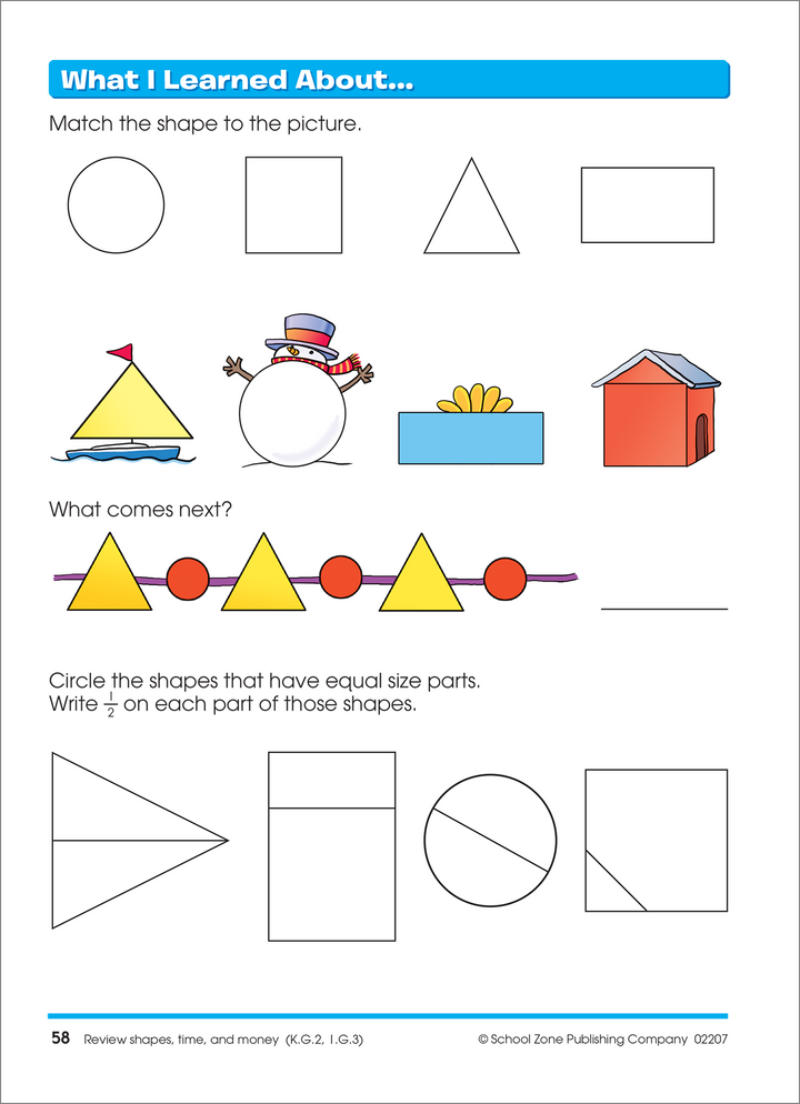 Transition Math K-1 Deluxe Edition Workbook explores shapes and patterns.
