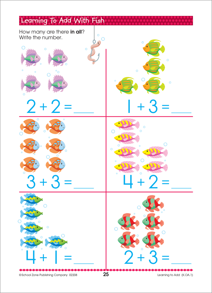 This Math Readiness K-1 Deluxe Edition Workbook includes colorful addition problems.
