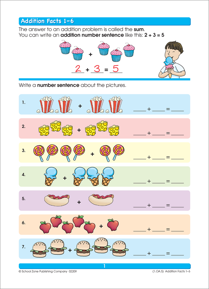 Colorful illustrations in Addition & Subtraction 1-2 Deluxe Edition Workbook add up to success!