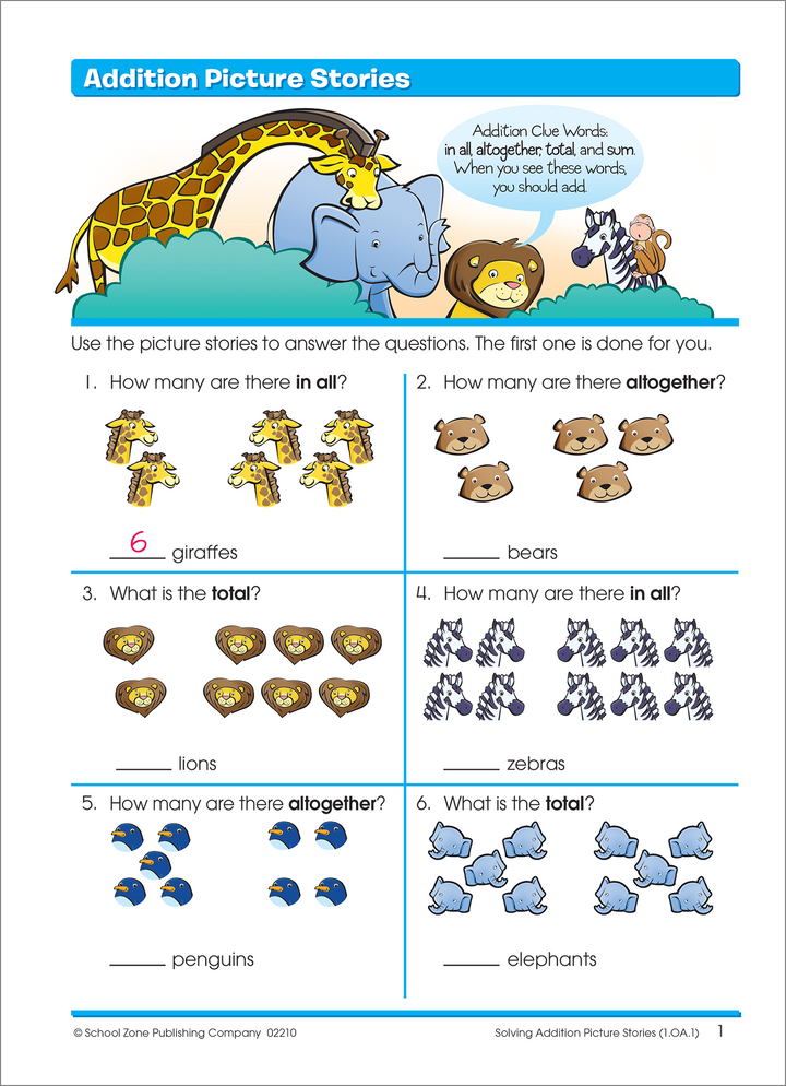 Cute, colorful illustrations in Word Problems 1-2 Deluxe Edition Workbook keep kids engaged.