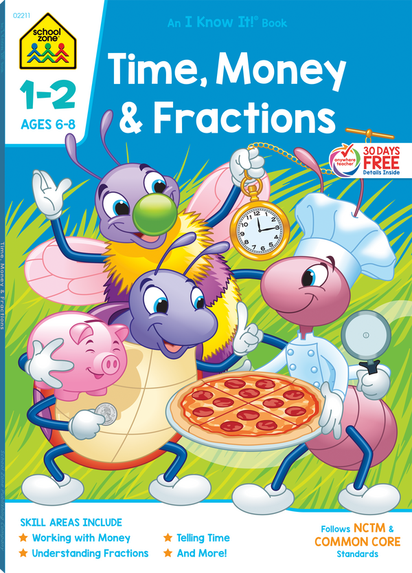 Time Money & Fractions 1-2 Deluxe Edition Workbook helps lock in essential learning.