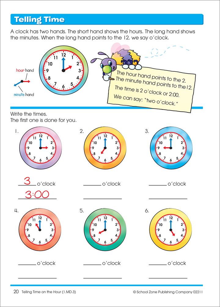 Time, Money & Fractions 1-2 Deluxe Edition Workbook helps first and second graders learn to tell time.