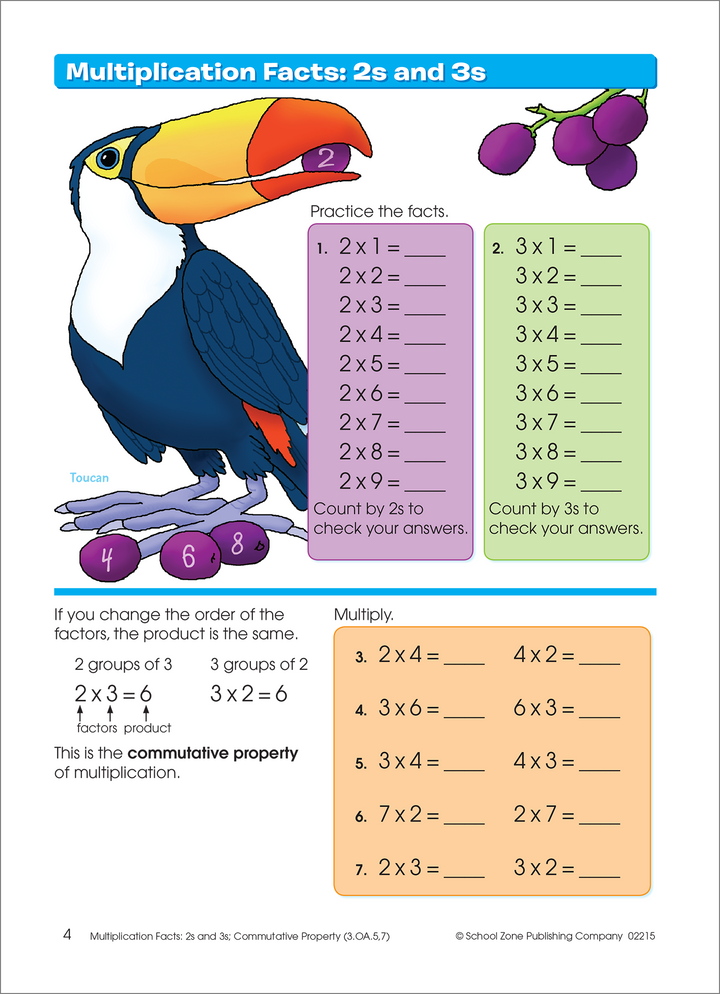 Colorful illustrations in this Multiplication & Division 3-4 Deluxe Edition Workbook keep it playful.