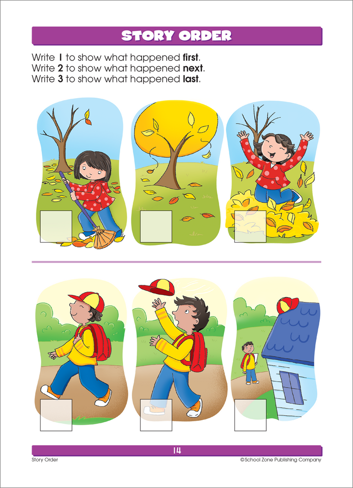 Order/sequencing is one of the skills that kids practice with Reading Readiness K-1 Deluxe Edition Workbook.