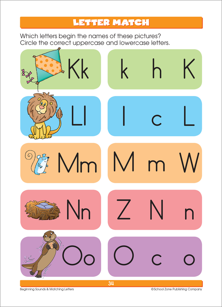 Reading Readiness K-1 Deluxe Edition Workbook works on uppercase and lowercase letters and object-letter associations.