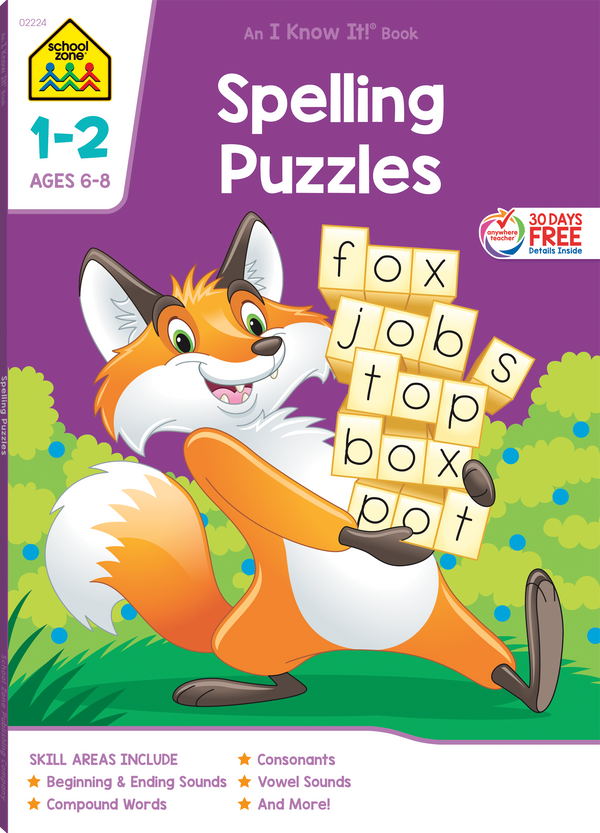 This Spelling Puzzles 1–2 Deluxe Edition Workbook playfully sharpens spelling skills.