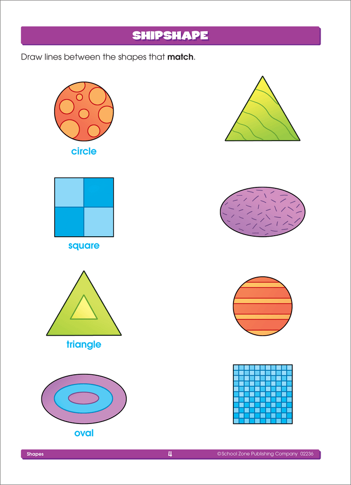 Kindergarten Basics Deluxe Edition Workbook has exercises that hone shapes knowledge.