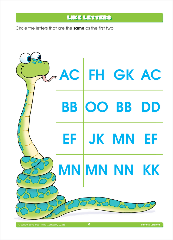 Kindergarten Basics Deluxe Edition Workbook keeps learning fun with entertaining illustrations.