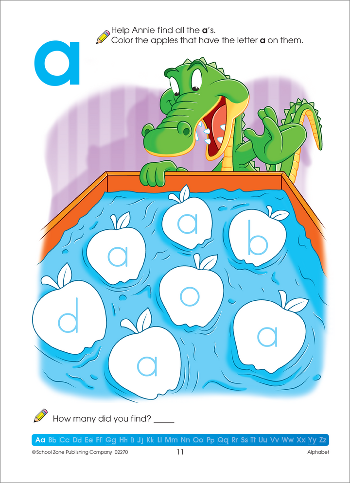 Bold illustrations in Alphabet Deluxe Edition Workbook capture kids' attention.