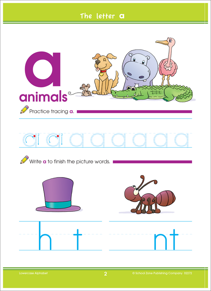 Bold, bright illustrations make Lowercase Alphabet Deluxe Edition Workbook fun.
