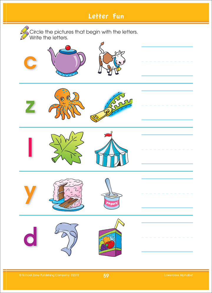Lowercase Alphabet Deluxe Edition Workbook teaches letter-object and letter-sound associations.