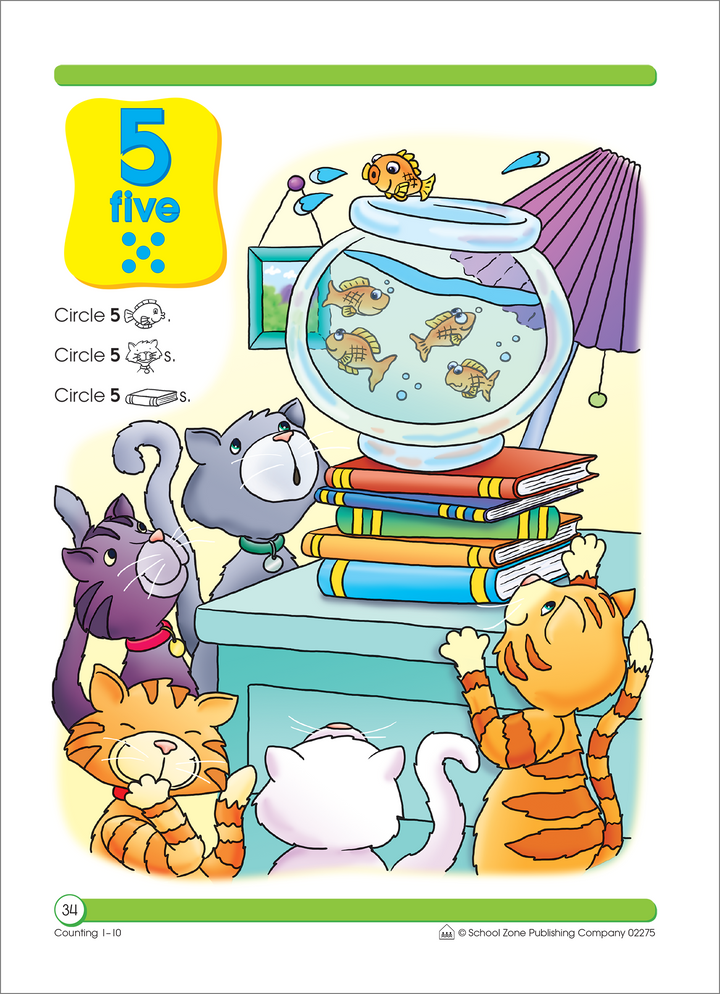 Kids will love the playful scenes in Counting 1-10 Deluxe Edition Workbook, as they start learning to count.