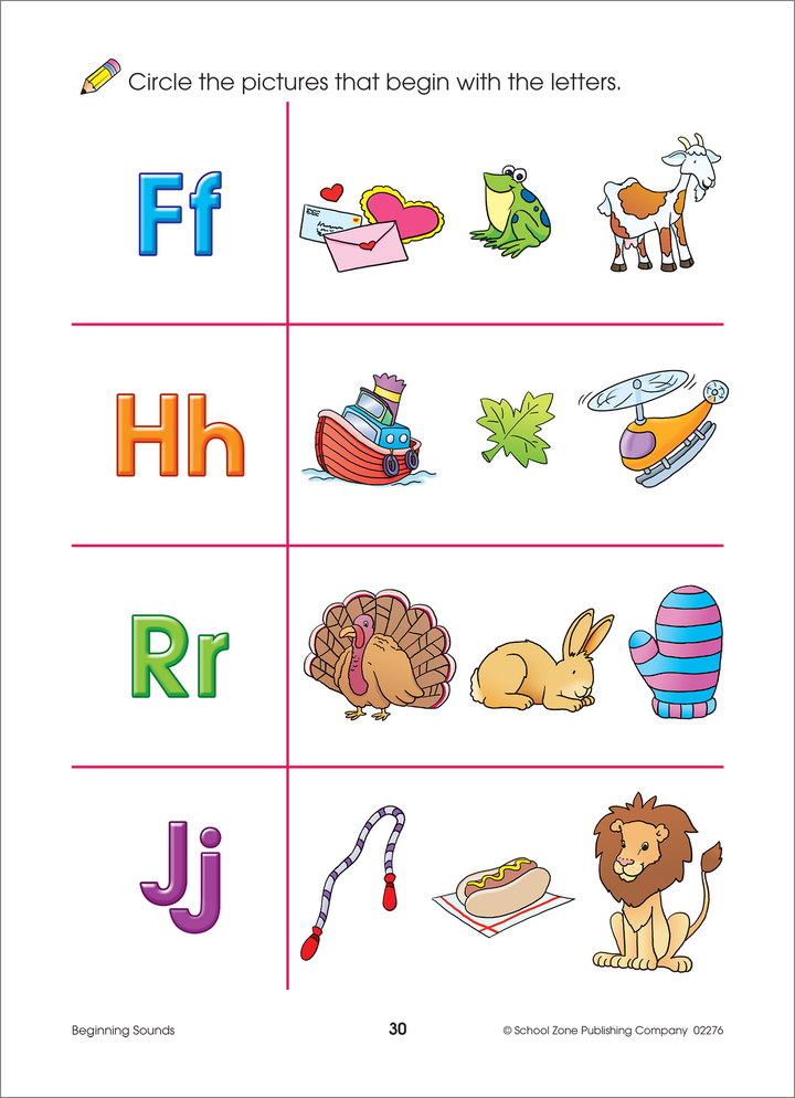 Beginning Sounds Deluxe Edition Workbook establishes important letter-object associations.