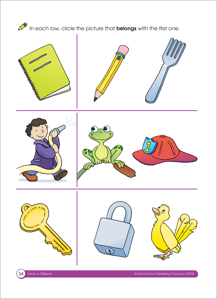 Bright, colorful illustrations in Same or Different Deluxe Edition Workbook help little ones focus.