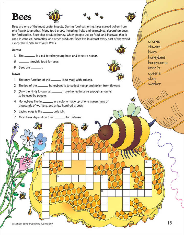 Colorful, whimsical scenes in this Crosswords Deluxe Edition Activity Zone Workbook add to the fun.