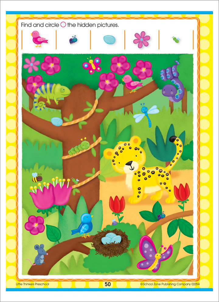 Colorful illustrations in this Little Thinkers Preschool Deluxe Edition Workbook increase attention.