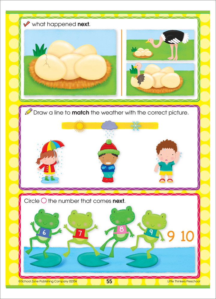 Kids will practice sequencing with Little Thinkers Preschool Deluxe Edition Workbook.