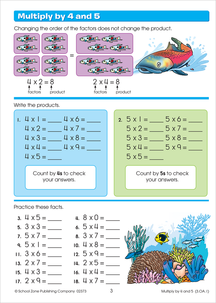 Multiplication is one of the skills that Math Basics Press-Out Book for third grade focuses on.