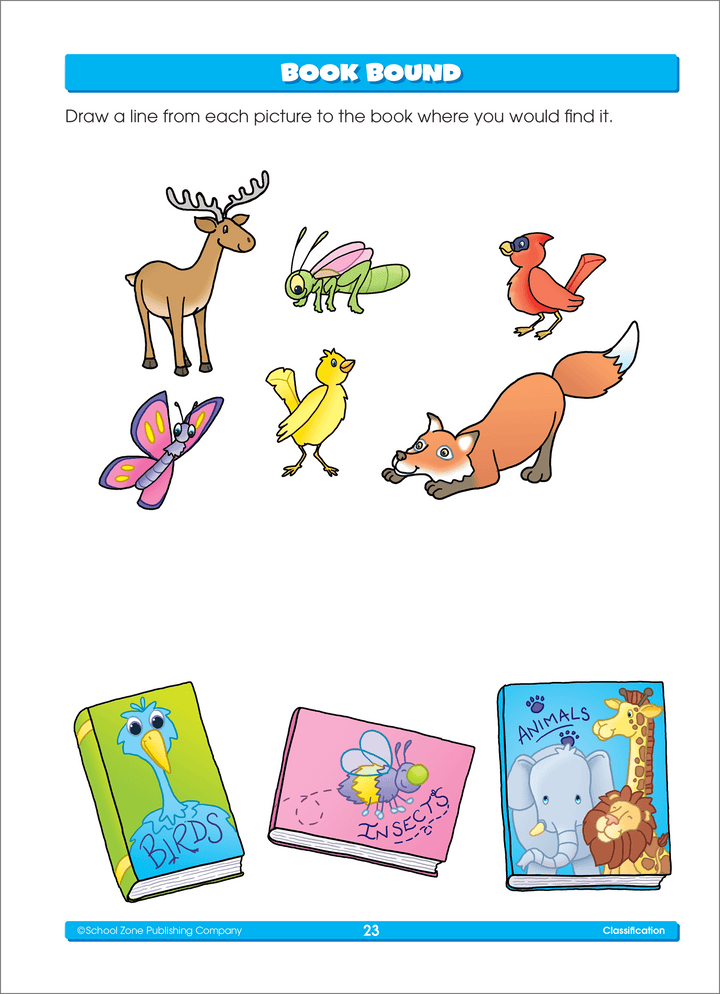 Young learners will enjoy learning classification with Super Deluxe Kindergarten Basics Workbook.