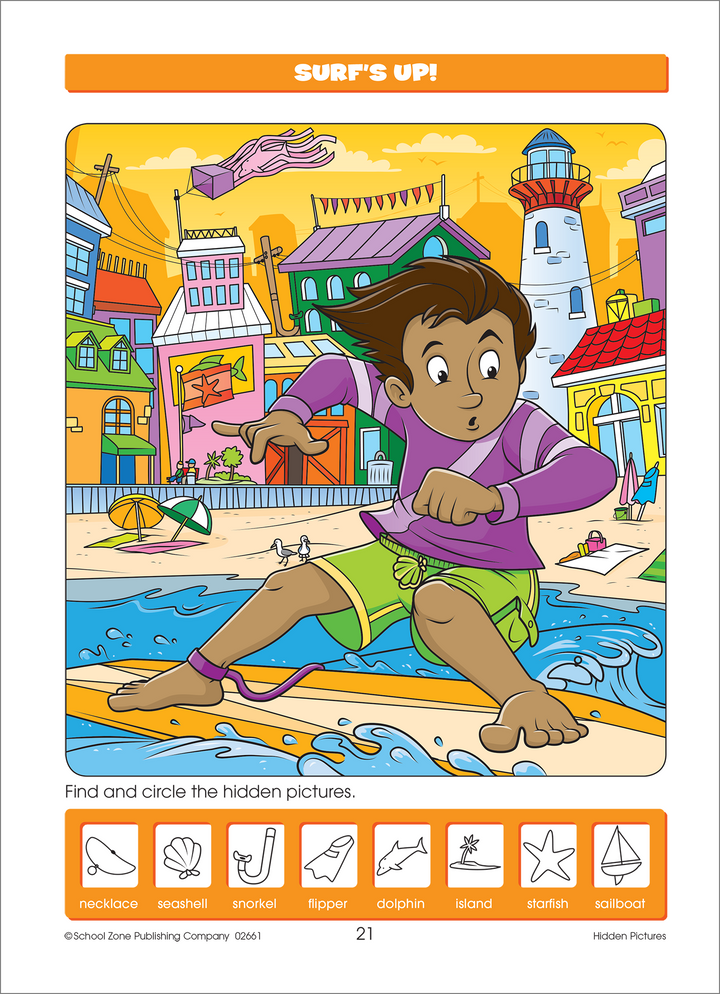 The colorful scenes in Super Deluxe Hidden Pictures Workbook build super-sleuth observation skills.